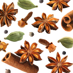 Cloves, cinnamon, anise, cardamom and mix of peppers in air on white background. Set of aromatic spices