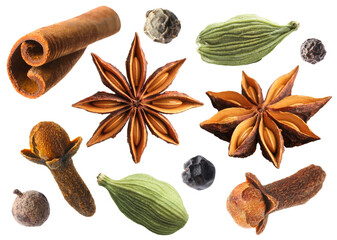 Cloves, cinnamon, anise, cardamom and mix of peppers in air on white background. Set of aromatic spices