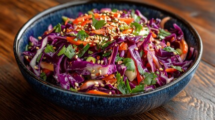 Fresh red cabbage salad with sesame seeds, carrot, parsley and dressing in a blue bowl.