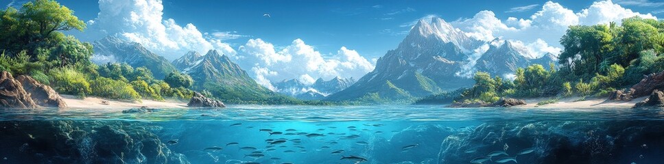 Obraz premium A Beautiful Fantasy Landscape with Majestic Mountains and Lush Forests