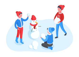 Isometric children making snowman. Characters playing with snow, winter outdoor recreation, kids winter holidays leisure activity flat vector illustration. Kids building snowman