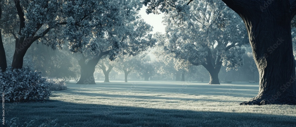 Poster a serene landscape with trees and soft light, creating a tranquil atmosphere.