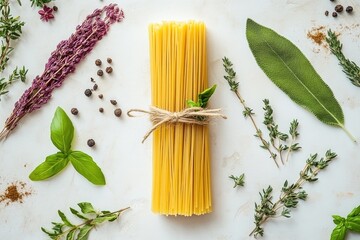 Fresh pasta and various herbs arranged on a table
