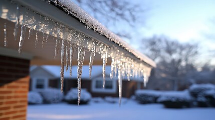  Icicles hanging from a rooftop, catching the light as snow falls gently; delicate icicles and fresh snow create a peaceful, winter charm.