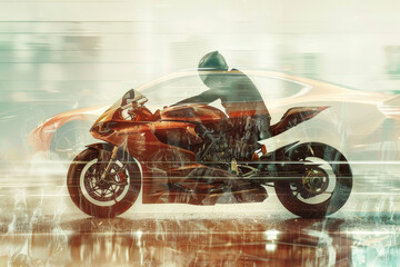 Obraz premium A motorcycle rider is gearing up on a sleek bike, set against a vibrant city backdrop. Raindrops glisten as urban life unfolds around them, creating a dynamic atmosphere