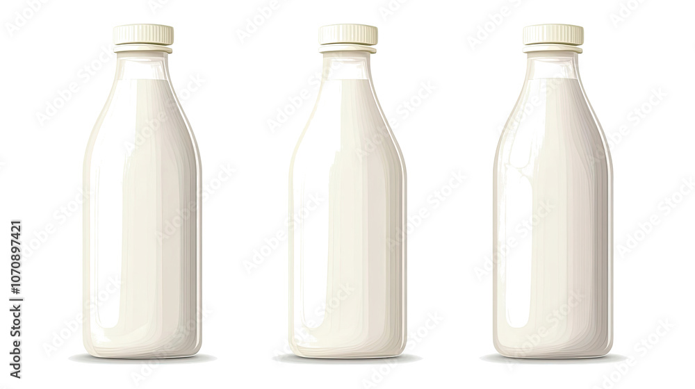 Poster set of three milk bottles on a transparent background for design use generative ai