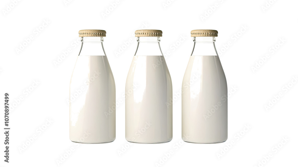 Poster three bottles of fresh milk isolated on a clear background generative ai