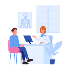 Medical doctor appointment. Clinic worker with patient, doctor diagnosing and advising patient flat vector illustration. Healthcare and medicine concept