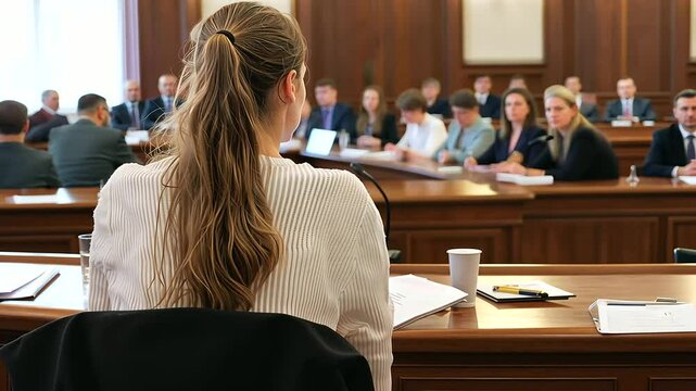 1_Law Student Presenting in Mock Trial Before Judges and Classmates