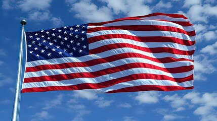  American flag waves proudly against bright blue sky with soft clouds, symbolizing patriotism, freedom, and unity. Iconic emblem of national pride.