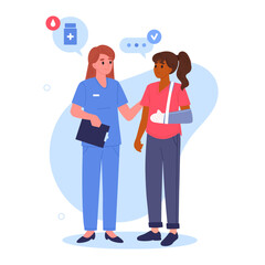Nurse with patient. Medical worker and patient with plastered hand, female doctor advising patient flat vector illustration. Medical emergency room appointment