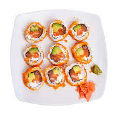Japanese california roll masago caviar with salmon, avocado and cheese with soy sauce. Isolated over white background