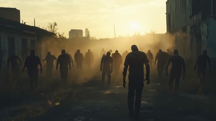 Halloween zombie apocalypse scene with zombies roaming in a deserted urban area