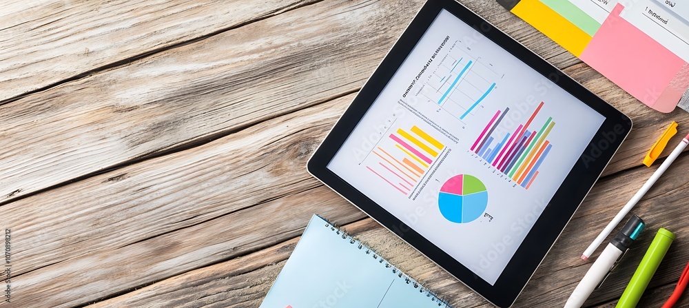 Poster an overhead view of a digital tablet on a desk with a business report open, surrounded by office sup