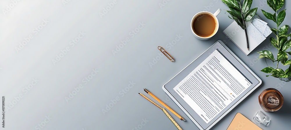 Poster an overhead view of a digital tablet on a desk with a business report open, surrounded by office sup