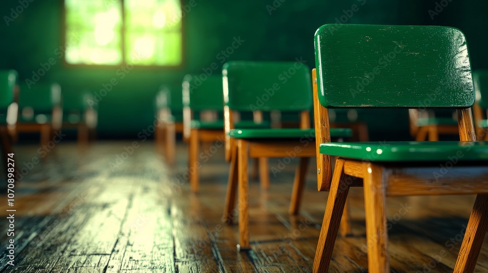 Poster a row of green chairs sit in a room with a window in the background, creating an empty classroom set