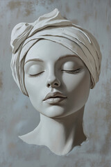 A painting of a woman with her eyes closed and a turban on her head