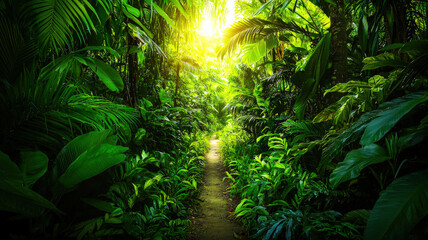 Fototapeta premium A path through a dense forest leading towards the light, symbolizing the journey through life