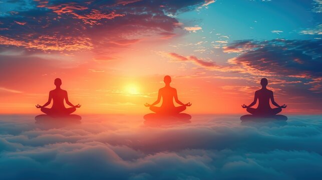 Group of people practicing yoga outdoors at sunset amidst beautiful clouds
