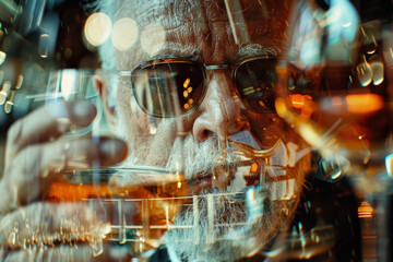 Fototapeta premium A man with a beard and glasses is drinking from a glass