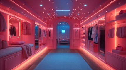 High-tech virtual assistant holograms illuminate a modern smart closet at night
