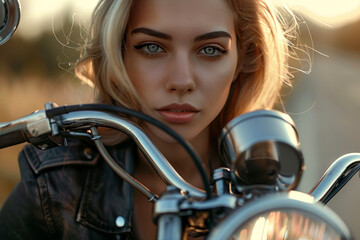 A woman is posing on a motorcycle with her head tilted to the side