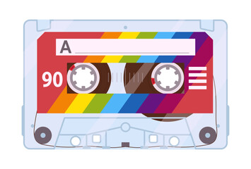 Vintage audio cassette. Old school stereo tape cassette, 80s tape record, 90s music audio cassette flat vector illustration. Cartoon analogue player old tape
