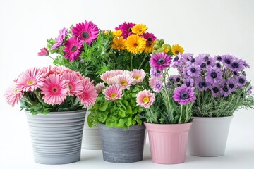 Various colorful flowers growing in pots, perfect for decoration or gift