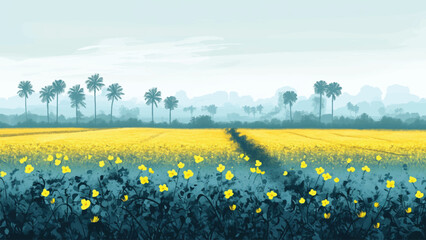 Fototapeta premium cute and lovely flat illustration of a scenic landscape of mustard fields blooming under a winter sky in rural Bangladesh, with mist softening the horizon and distant palm trees