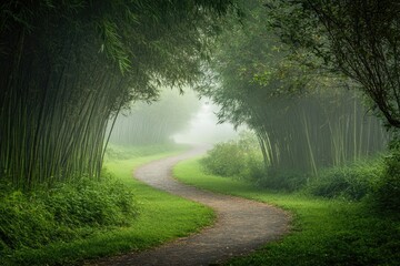 Obraz premium A winding path through a dense and lush green forest