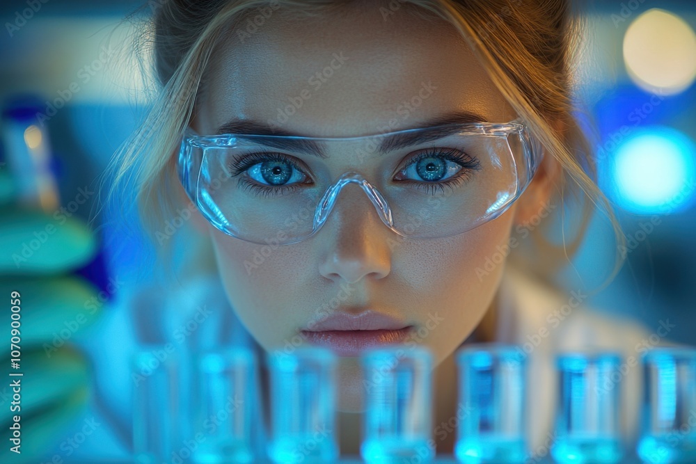 Poster focused scientist conducting laboratory experiments with precision and determination