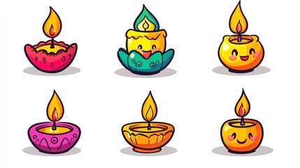 Cute Cartoon Candles Diwali Festive Lights Holiday Illustrations