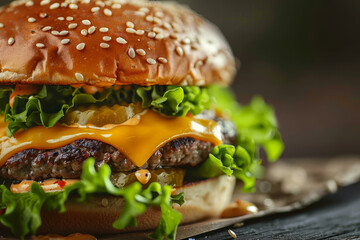 A large hamburger with lettuce and pickles on top