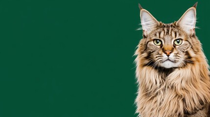 A long-haired tabby cat with striking green eyes stares intensely at the camera against a vibrant green background.