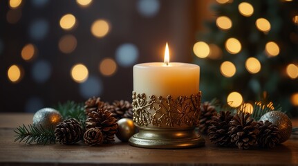 Christmas scene with a lit candle in a decorative holder