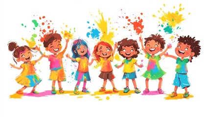 Happy Children Playing Holi Festival Colorful Paint Splashes Kids Fun