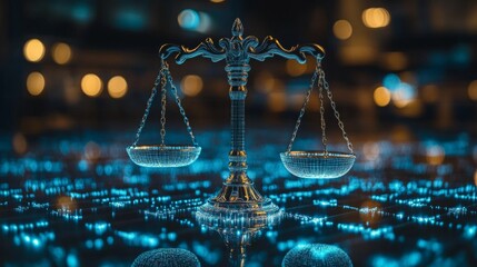 Holographic AI legal consultants showcase futuristic scales of justice at a modern event