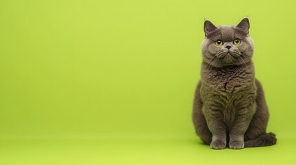 A gray cat with bright green eyes sits on a solid green background. The cat is looking directly at the camera.