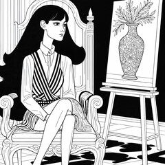 Artistic Lady in a Studio Setting Black and White Sketch