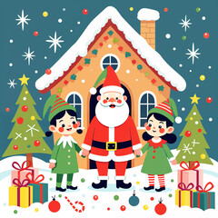 Santa Claus and Elves in Winter Wonderland Illustration