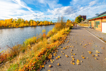 View from the Riverfront Trail walking path along the Clark Fork River at Caras Park of the University District in downtown Missoula, Montana.