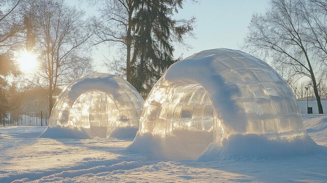Two snow igloos in a snowy park with sunlight shining through.