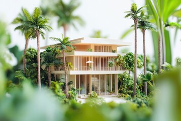 Fototapeta premium A picturesque home with lush greenery and tropical plants