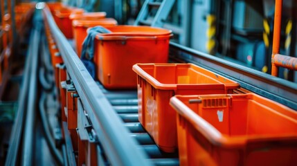 Conveyor belt transporting rows of bright orange buckets