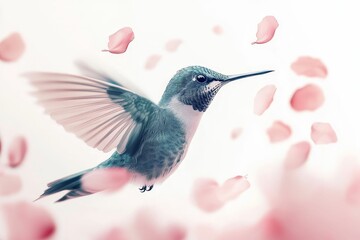 Naklejka premium Hummingbird in flight with pink petals.
