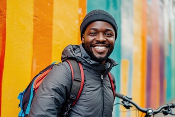 Obraz premium A person carrying a backpack stands in front of a vibrant wall, great for travel or adventure scenes