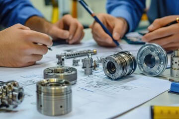 A group of people working together on a project, possibly in an office setting or meeting room