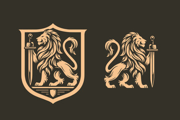 Majestic lion with a sword. Heraldry vector illustration. Logo, emblem, coat of arms, sign © Victoria