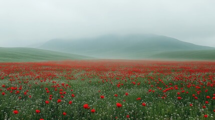 Obraz premium A vast field of red poppies stretches out before a misty mountain range.