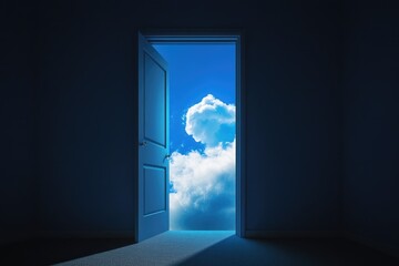 A warm and inviting scene with an open door leading to a bright blue sky, suggesting a new beginning or opportunity